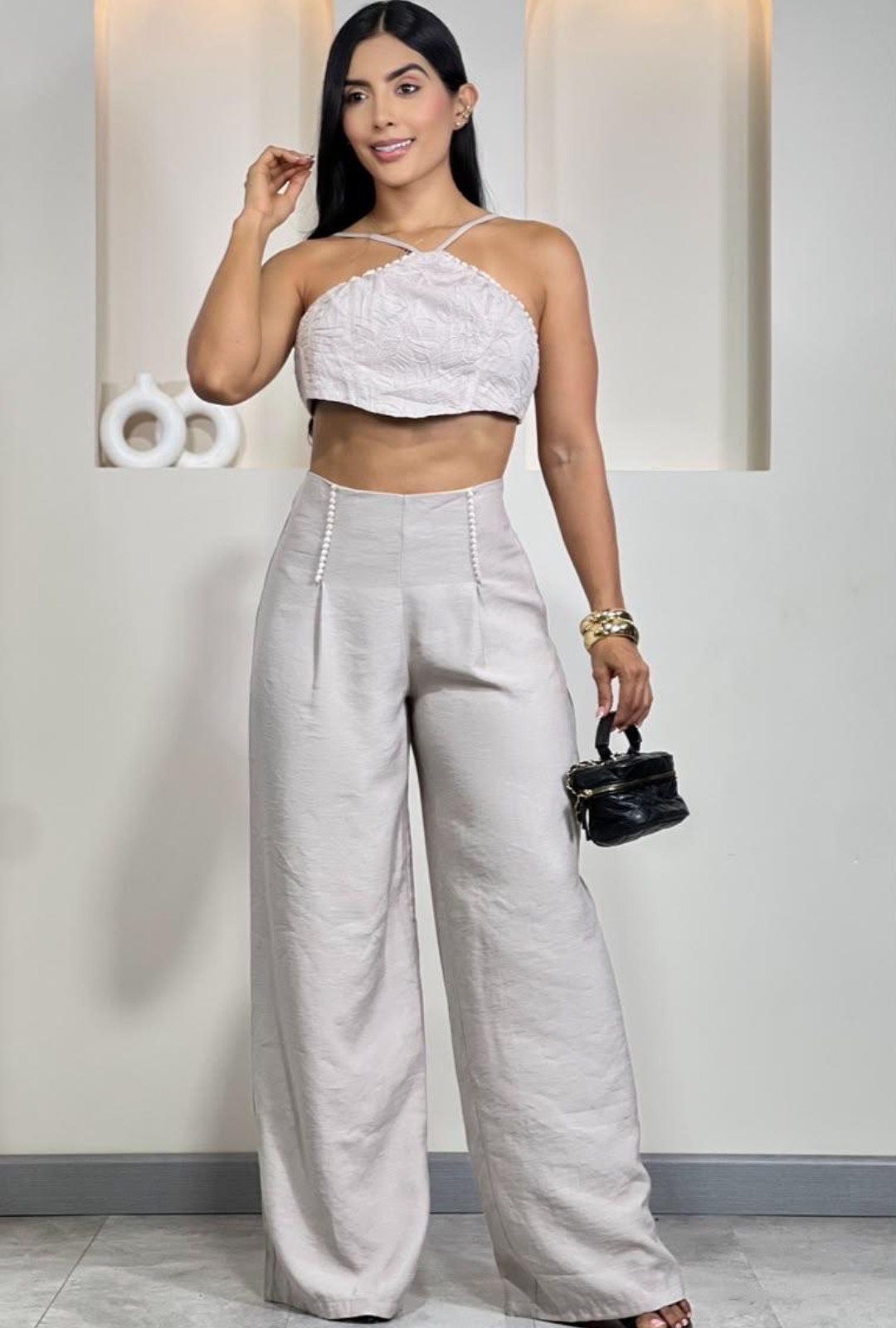 Set Casual Elegante Dama Crop Top Halter y Pantalón