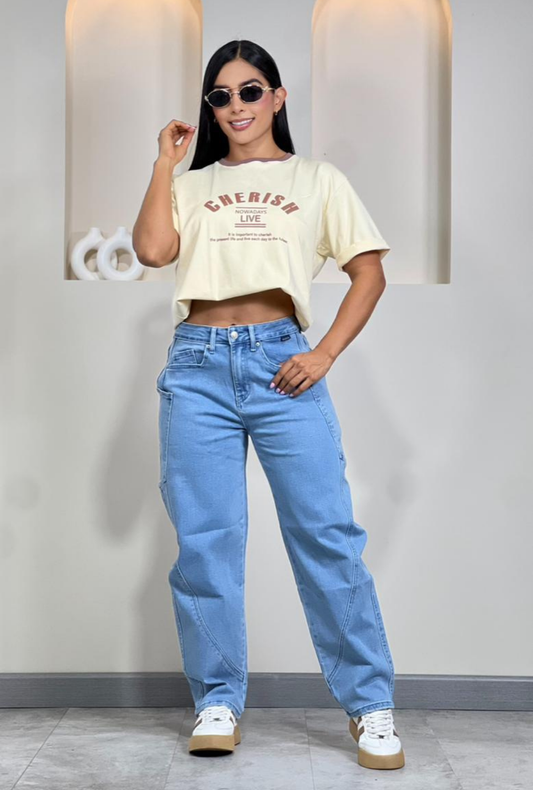 Jeans Barrel Tiro Alto Stretch