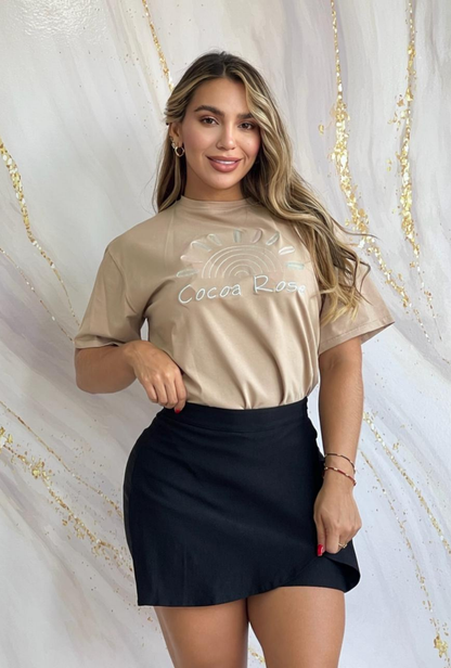 Camiseta Oversize en Tela Fría con Bordado Cocoa Rose
