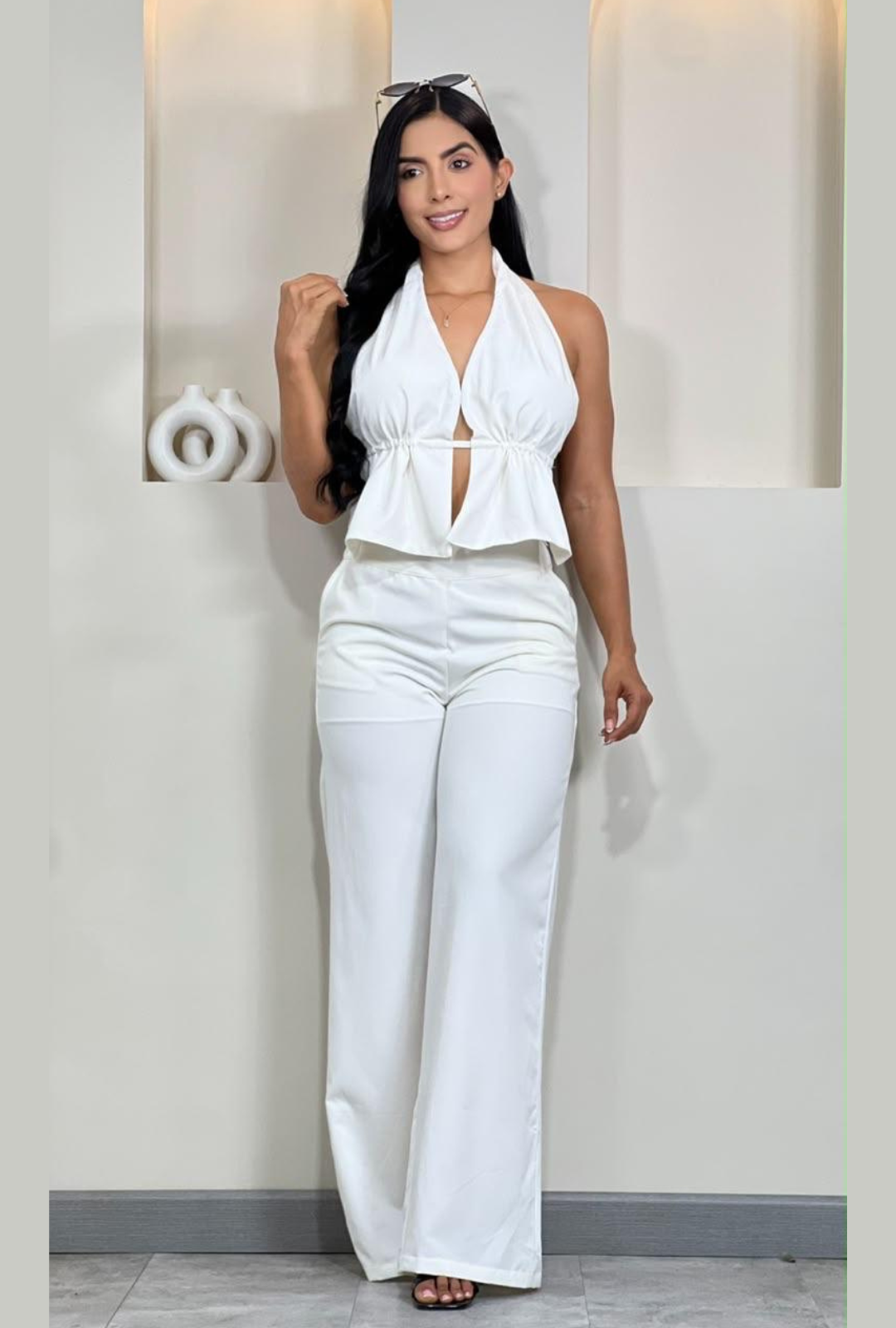 Set Dama Top Peplum Halter y Pantalón Tiro Alto