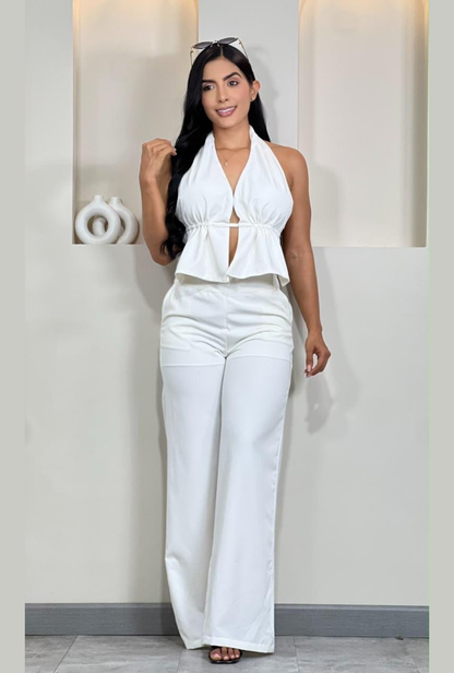 Set Dama Top Peplum Halter y Pantalón Tiro Alto