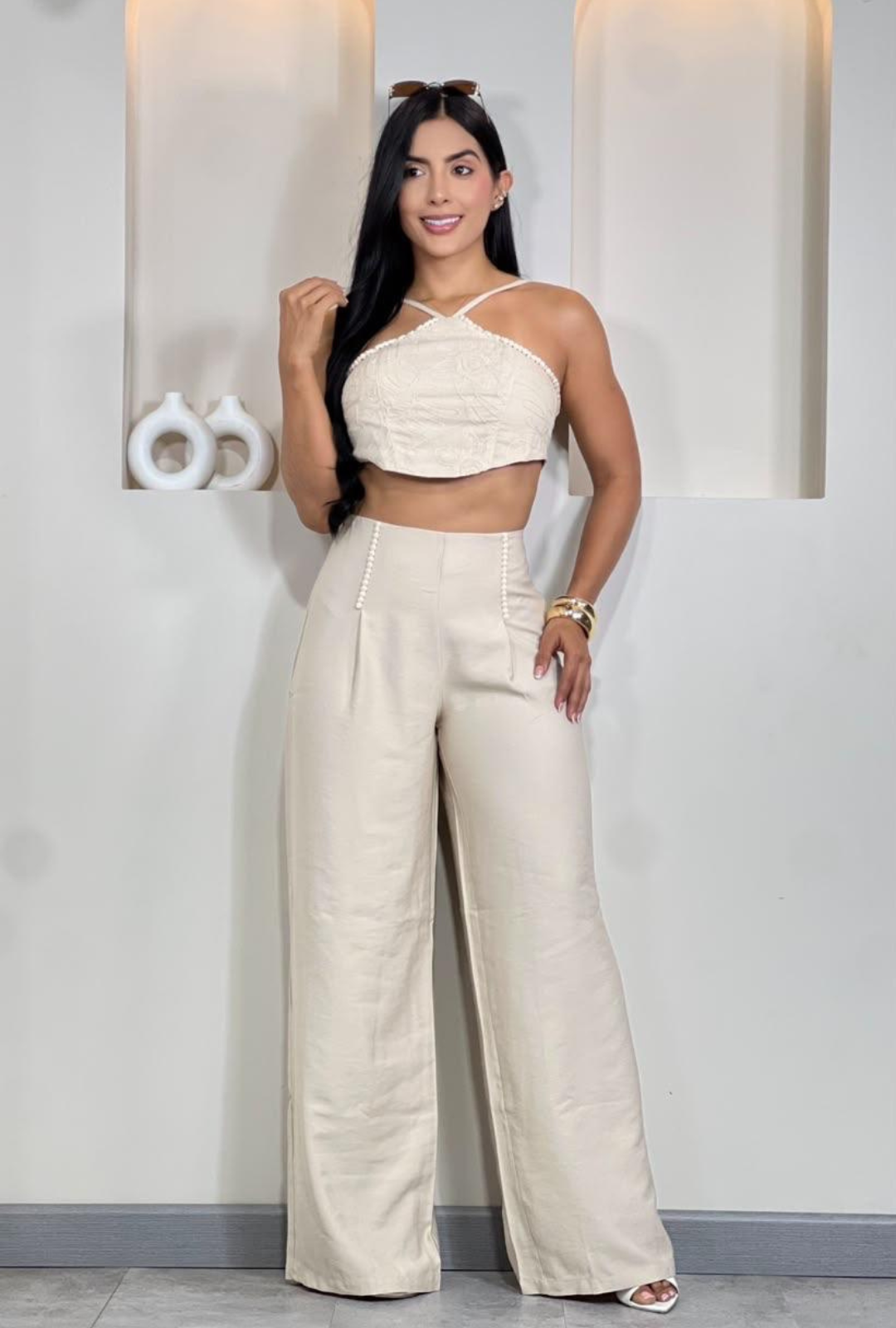 Set Casual Elegante Dama Crop Top Halter y Pantalón