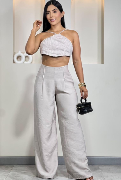 Set Casual Elegante Dama Crop Top Halter y Pantalón